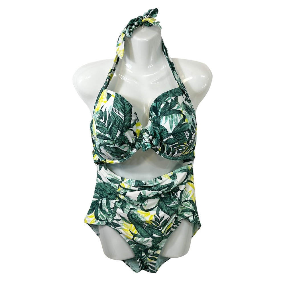 Adore Me Plus Sz 0X 38H Bikini Swimsuit Set Green Tropical Halter High Rise‎ 202 - Picture 3 of 13
